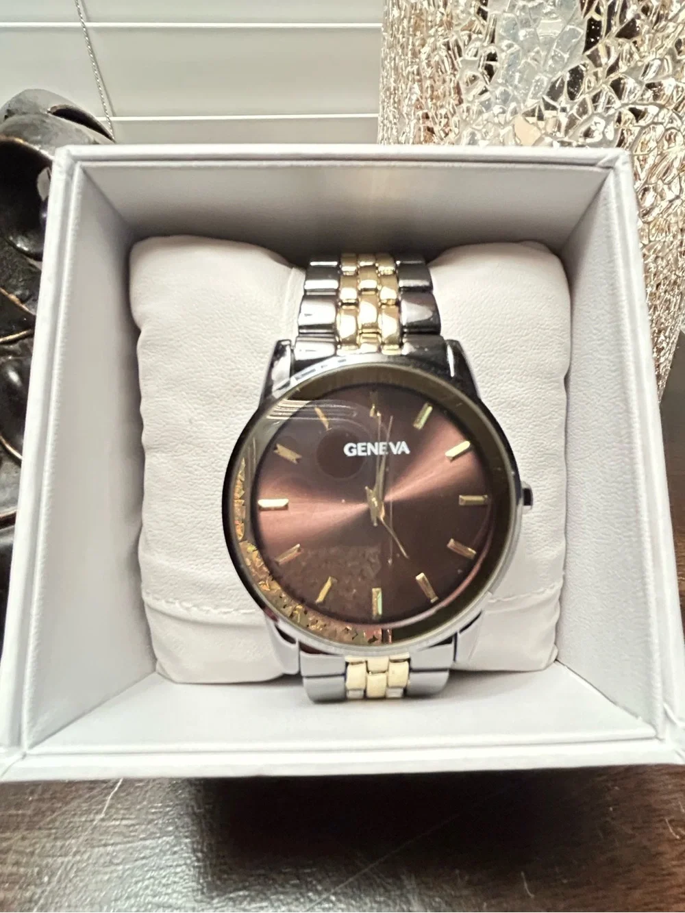 Geneva Men’s Two-Tone Silver and Gold Bracelet Brown Dial Watch